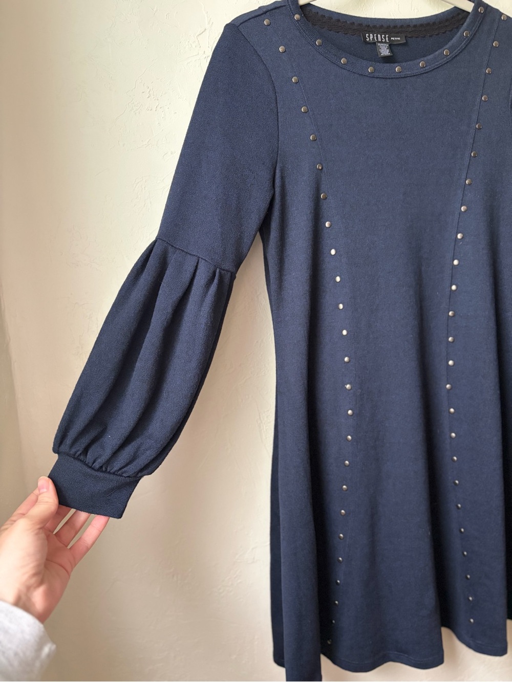 Spense Navy Studded Puff Sleeve Swing Dress Petite PS - Picture 4 of 7